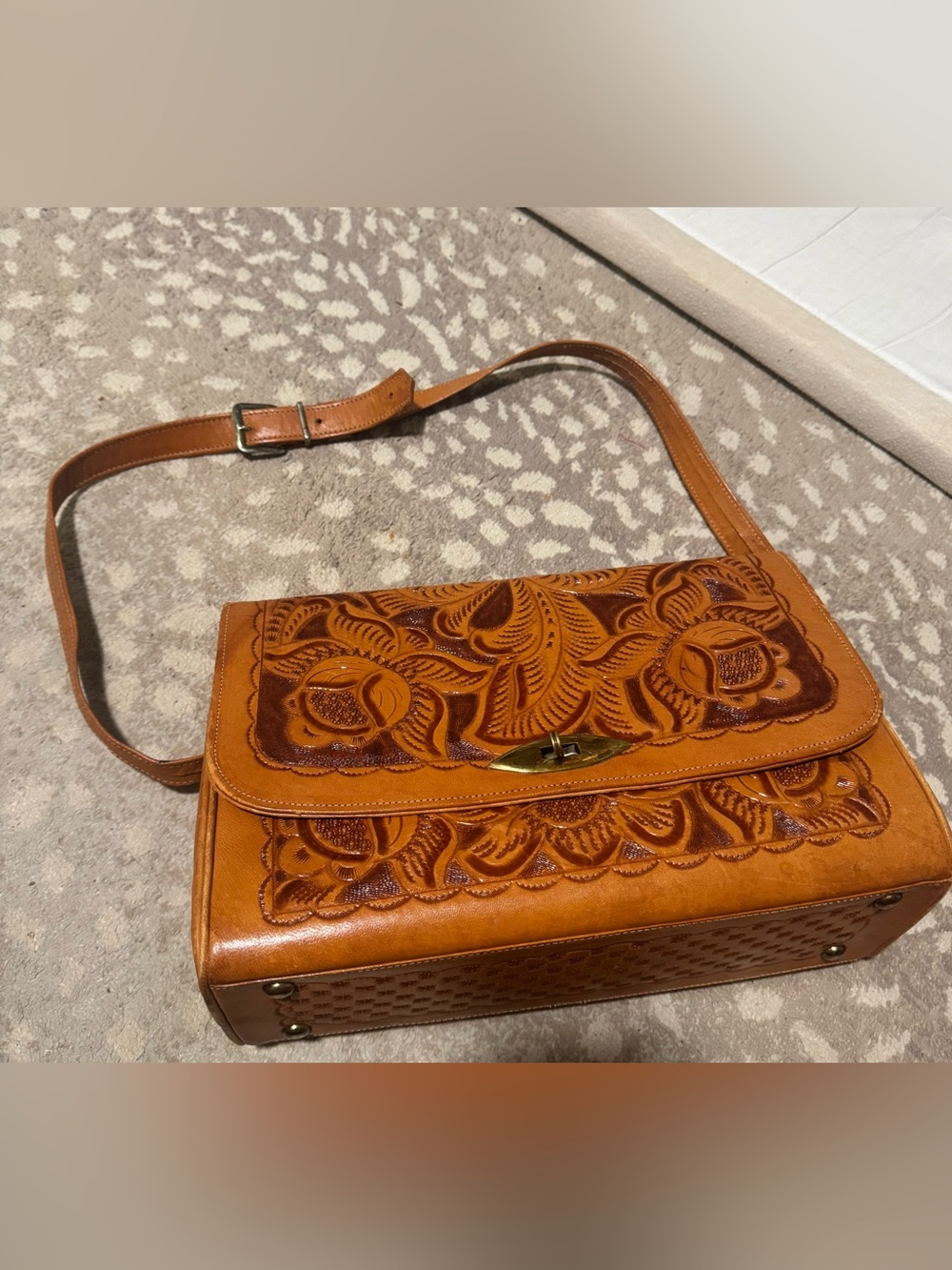 Genuine Leather Hand Tooled Flore’s Bag - Tan